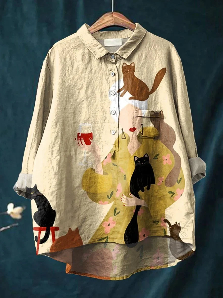 Sara™  | Bluse med katte- og blomsterprint
