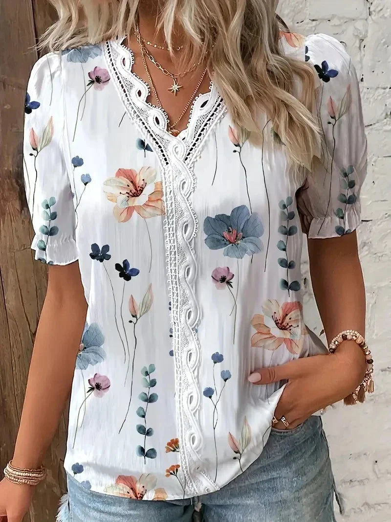 Sara™  | Blomster Blonde V-Hals Bluse