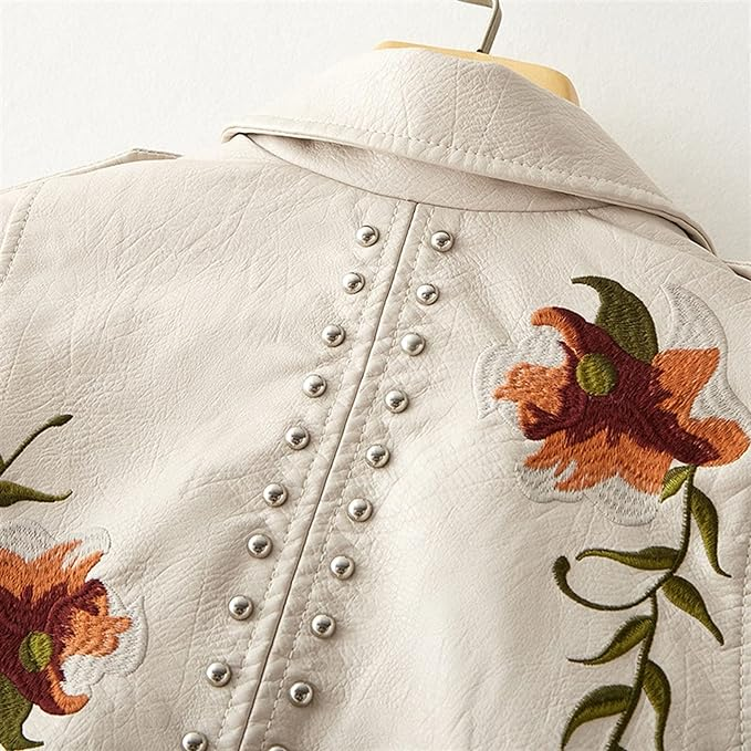 Sara™ | Stilfuld Bikerjakke med Blomstret Broderi
