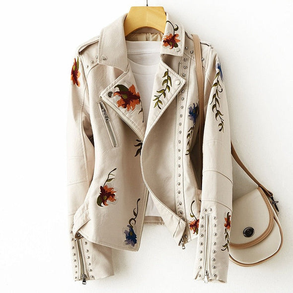 Sara™ | Stilfuld Bikerjakke med Blomstret Broderi