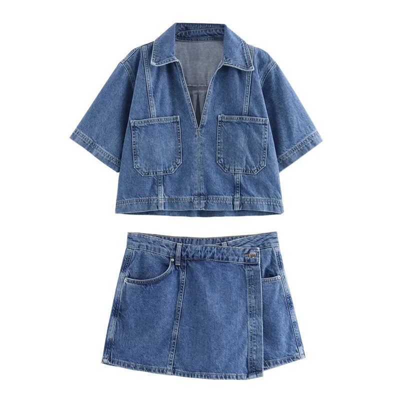 Sara® | V-hals Denim Sæt