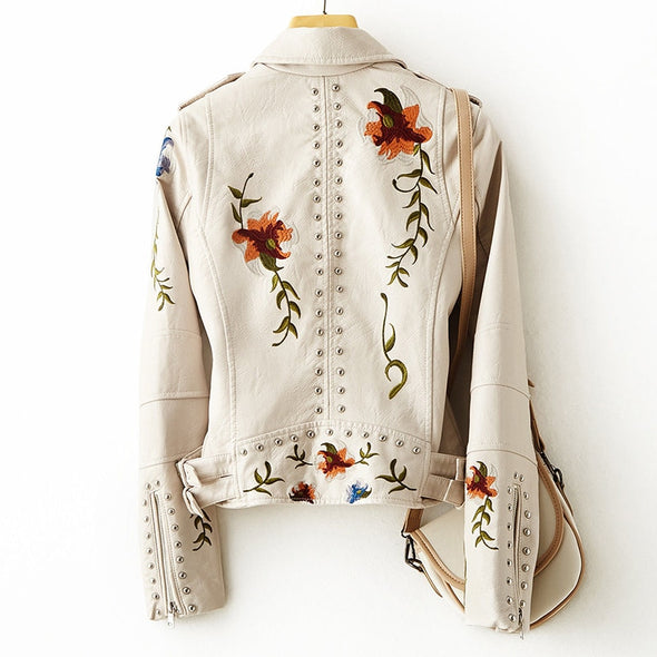 Sara™ | Stilfuld Bikerjakke med Blomstret Broderi